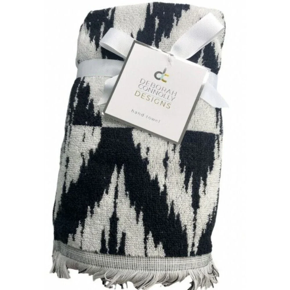 Deborah Connolly Hand Towels Bathroom Light Gray Black Fringe Abstract Set of 2